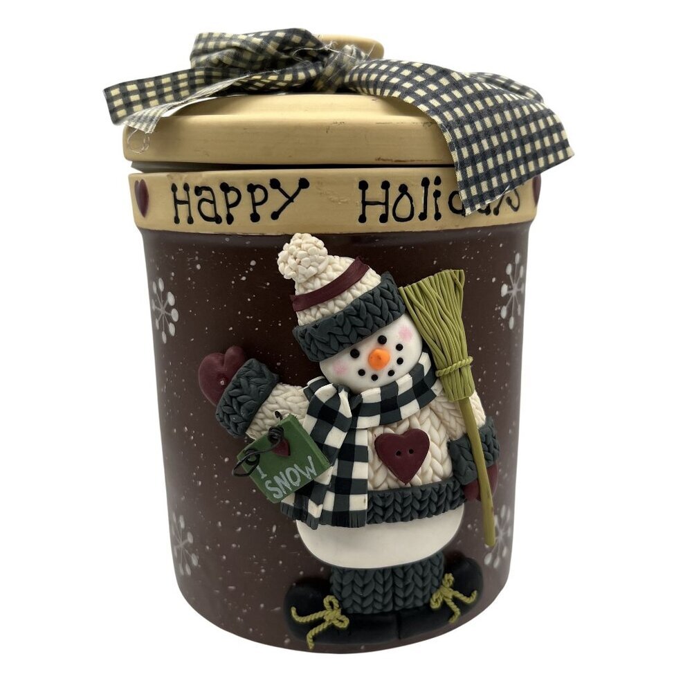 Happy Holidays 3D Snowman Ceramic Cookie Jar Lid Bow 7" Brown Snowflake Design